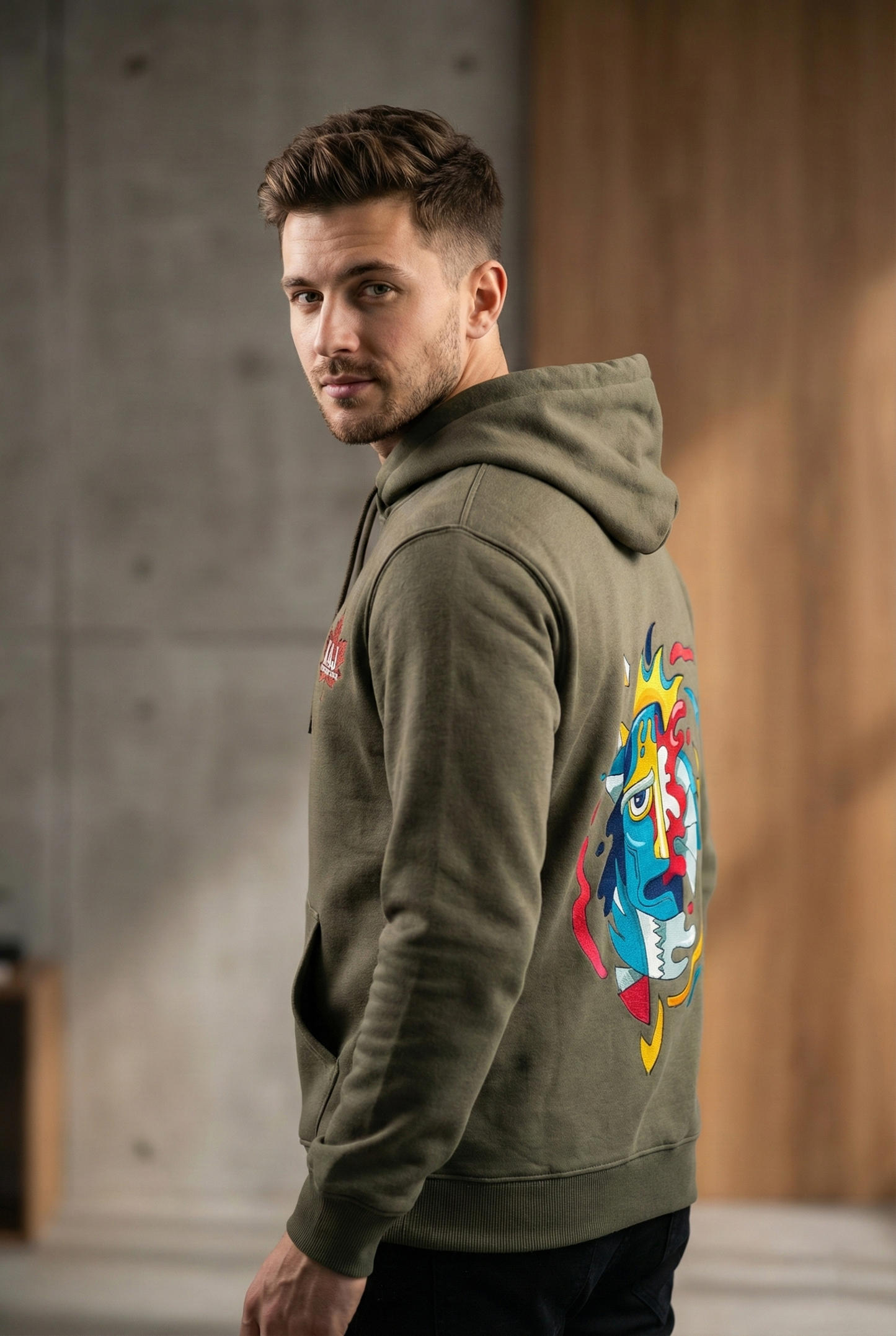 Olive Green Casual Hoodie | Abstract Illusion